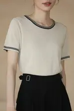 ニットTシャツ レディース リヨセルリネン混 バイカラー刺繍 ひんやり 通気性 薄手 ゆったり 夏