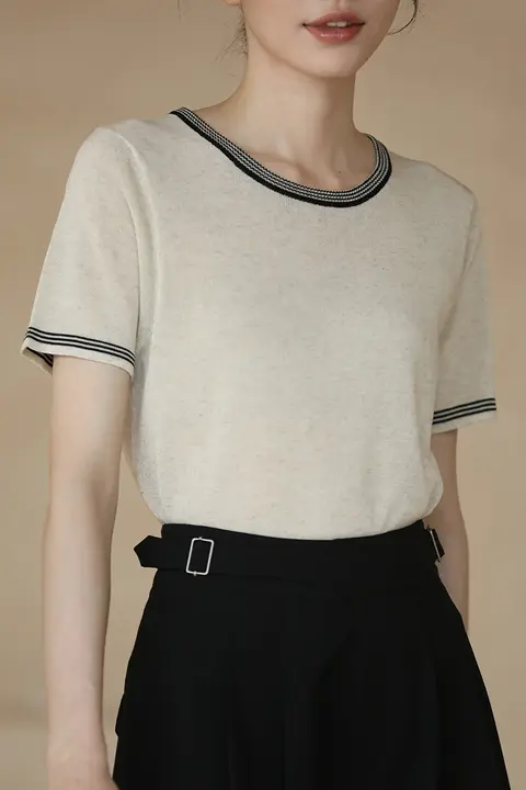 ニットTシャツ レディース リヨセルリネン混 バイカラー刺繍 ひんやり 通気性 薄手 ゆったり 夏