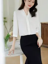 白色の女性用シフォンブラウス【夏用・高品質・フレンチスタイル・ビジネス・フォーマル】（セットアップ対応）