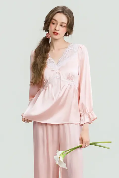 春夏用シルク長袖睡眠服【サテン・レース・取り外し可能な胸パッド付き】（セットアップ対応）