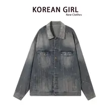 春季用 ビンテージ風 ウォッシュドデニムジャケット【ルーズフィット・カジュアルデザイン・女性用】