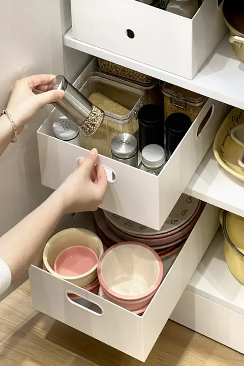引き出し式キッチン収納ボックス【伸縮スライドレール・ハンドル付き・お菓子収納】