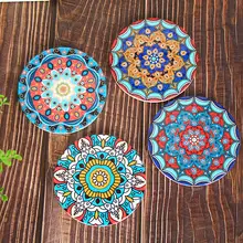 タイルデザインの陶器製コースター【花柄・熱遮断・テーブル保護用】