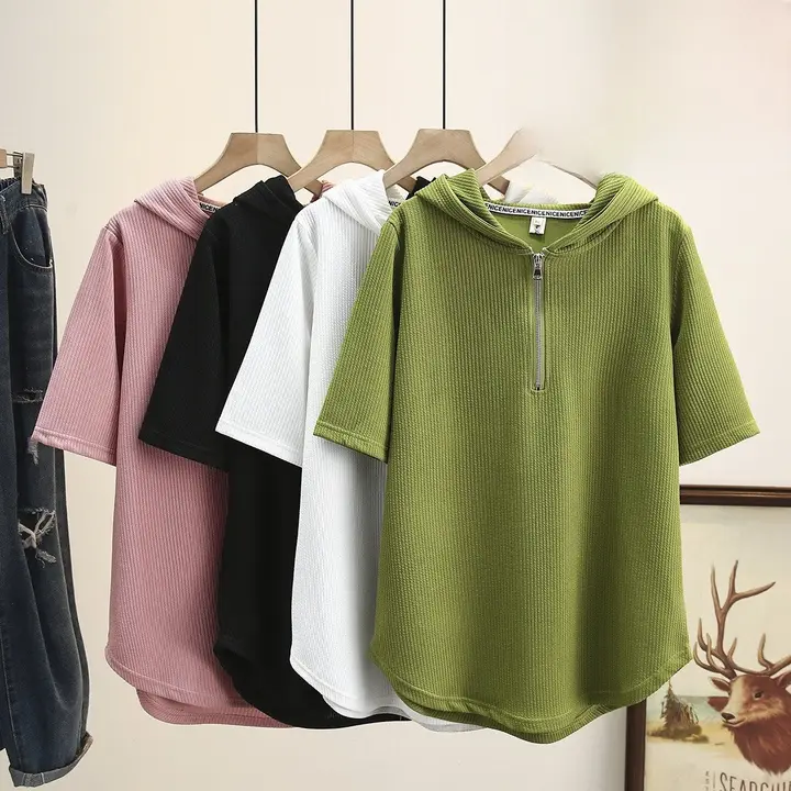 大きいサイズのアイスシルクTシャツ【夏用・半袖・フード付き・ジッパー・ホワイト】