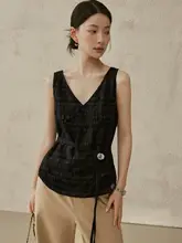 暗格子柄のV  ネックマタニティベスト【軽やかでスタイリッシュ・飾りリボン付き】