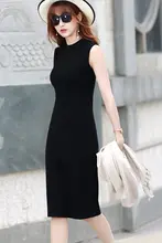 リブハーフハイネックノースリーブワンピース【夏用・フィット感ある中長丈】