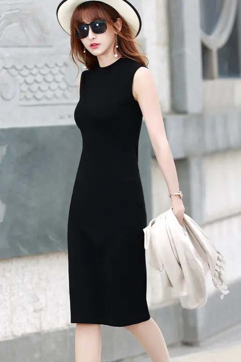 リブハーフハイネックノースリーブワンピース【夏用・フィット感ある中長丈】