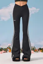 フレアパンツ レディース ストライプ V字ウエスト スリム 着痩せ スポーツカジュアル ヨガ「STYLMW」