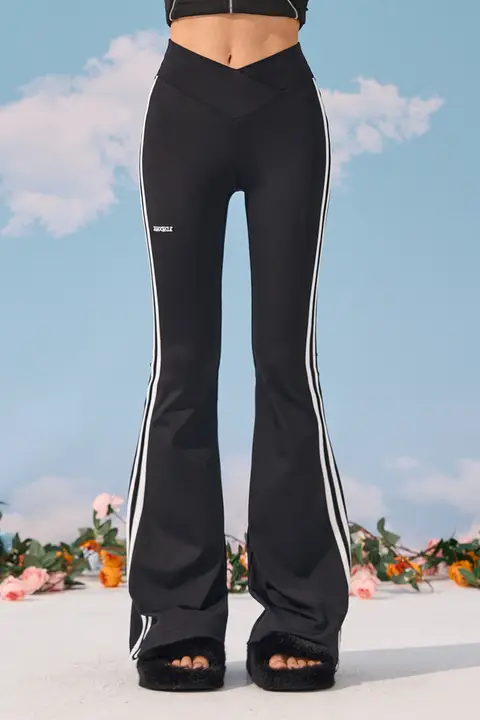 フレアパンツ レディース ストライプ V字ウエスト スリム 着痩せ スポーツカジュアル ヨガ「STYLMW」