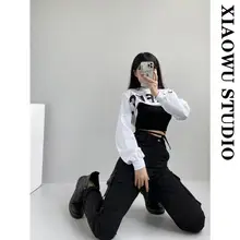 ジャズスタイルのレディーストップス【レタープリント・レイヤード・ショートビスチェ・秋用】（セットアップ対応）
