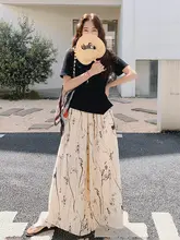 夏用の新中式デザイン 水墨印花半身スカートと上衣の2点セット（セットアップ対応）