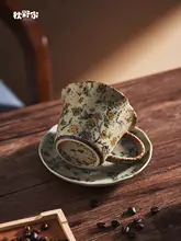 手描き花柄のコーヒーカップとソーサー【日本風・レトロ・金箔装飾】