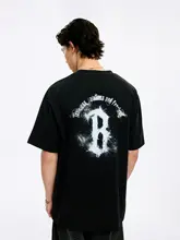 半袖Tシャツ ユニセックス 綿100% ゴシック ペイント Bグラフィック ウォッシュ加工 オーバーサイズ 通気性 ストリート 着回し 夏「BONELESS」