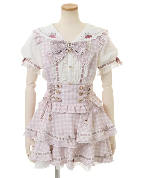 可愛らしいチェック柄の高腰サスペンダースカート【リボン付き・夏用・カジュアル】（セットアップ対応）