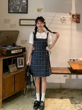 チェック柄ワンピース【ウエストマーク・リボン付き・ドールカラー・短袖】（セットアップ対応）