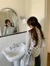 ドットとストライプのデザインハイネック長袖トップス【女性用・秋向け・スリムフィット】