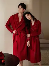 バスローブ ルームウェア ペアルック レディース メンズ 綿100% 長袖 レッド 新婚 結婚 春秋