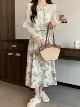 春季新作中華風ワンピース【レトロなボタン付き・フラワープリント・キャミソール・スカート付】（セットアップ対応）
