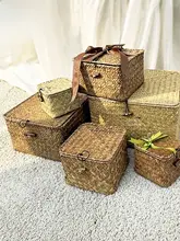 草編み 蓋付き収納箱【防塵・デスク整理用・ハンドメイド・ギフトボックス・小物入れ】