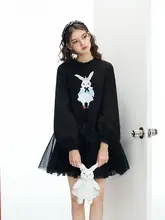 ラウンドネックのクラウンウサギプリントAラインドレス【レースの切り替え】（セットアップ対応）