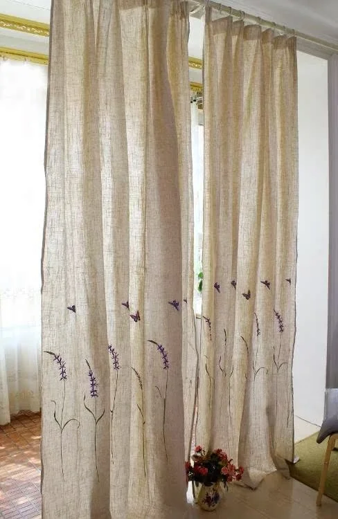 アメリカンカントリー風リネン刺繍カーテン：半遮光・ラベンダーでリビングとバルコニーを美しく