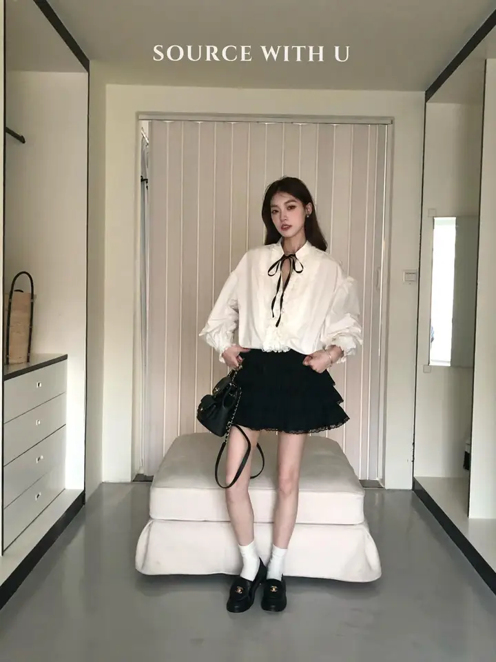 SourceWithU レーストリム付きリボンシャツ【フランス風・ビンテージスタイル・ホワイト】