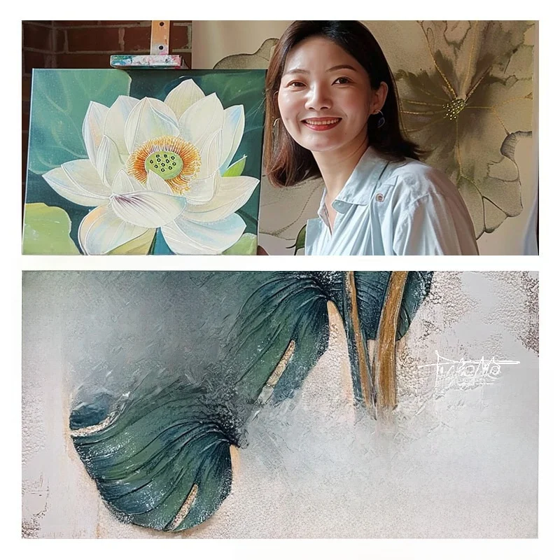 手描き油絵葉の抽象アート：植物デザインがインテリアに与える視覚的影響