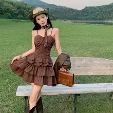 レトロなフリル付きキャミソールドレス【ウエスト絞り・ショートスカート】