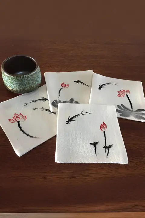 手描きの禅スタイル茶席マット【天然コットン麻・カップマット】（セットアップ対応）