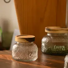 保存容器 ガラス 木製蓋 レリーフ ヴィンテージ キッチン 食品 コーヒー豆 茶葉 収納 湿気対策