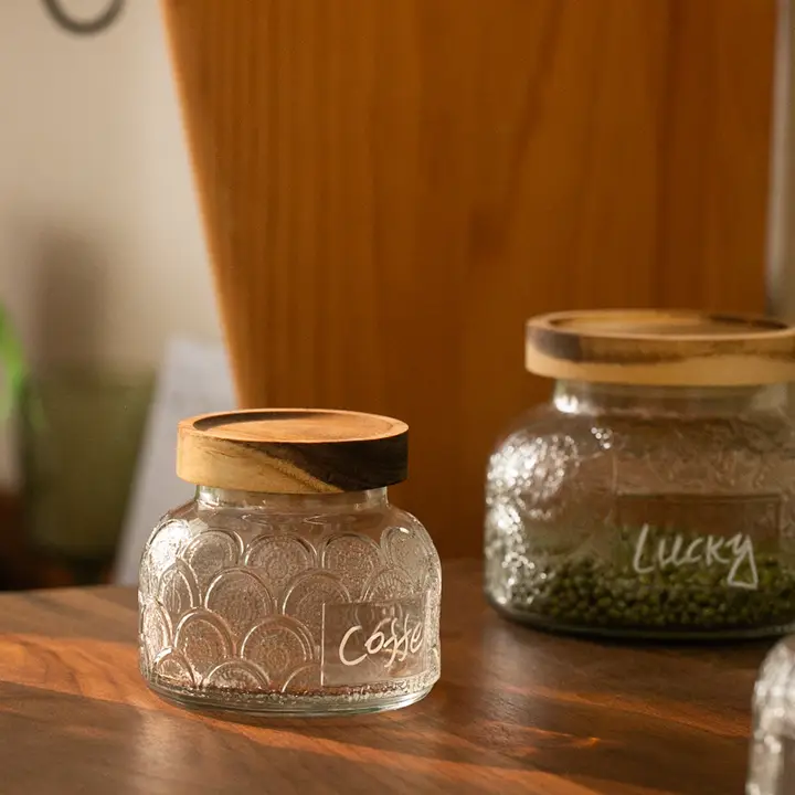 保存容器 ガラス 木製蓋 レリーフ ヴィンテージ キッチン 食品 コーヒー豆 茶葉 収納 湿気対策