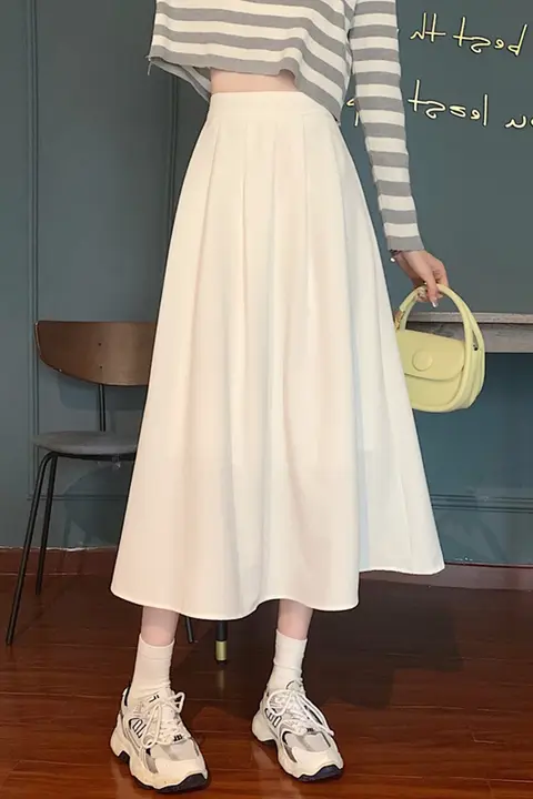 白色 Aライン半身スカート【毛織り・ひざ下丈・プリーツ・小柄向け】