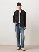 提花デザインのシャツ【レトロ仕上げ・長袖】とウォッシュドデニムパンツ【通勤用】（セットアップ対応）