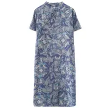 夏用型 中長丈コットンリネンチャイナドレス【改良盤扣・短袖】