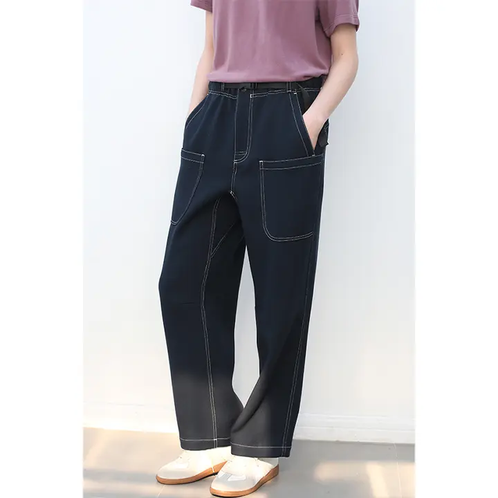 カジュアルパンツ 女性 日常使用に適した ニット素材 ゴムウエスト 多ポケット ストレート 太め