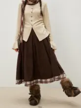 コーヒー色のスエード風プリーツスカート【ゆったりシルエット・レトロ風・秋冬用】