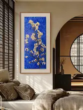 手描きの杏花オイルペインティング【新中式・クラインブルー・玄関用掛け画】