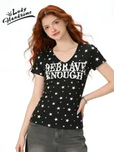 Vネックの星柄プリント半袖Tシャツ【レディース・フィット感のあるデザイン・カジュアル】