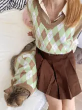 親子兼用 ニットベスト【猫犬デザイン・ダイヤモンド柄・毛玉防止・女性用】
