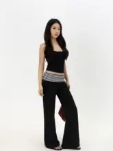 ストライプ柄のリボン付きウエストハイライズストレートワイドパンツ【リラクシー・春夏用】（セットアップ対応）