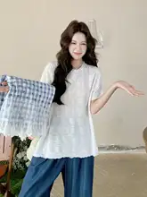 レース切替チェックベストとカジュアルTシャツ、薄手デニムワイドパンツ【夏用・フリルデザイン】（セットアップ対応）
