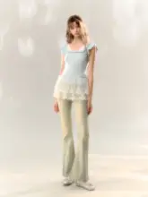 フリル付きレースデザインの短袖Tシャツ【夏秋シーズン・女性用】