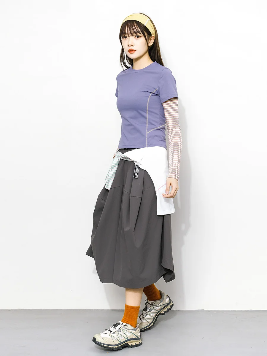 春季アウトドア用 カラーブロック風デザイン 長袖Tシャツ【ストライプスリーブ・細身効果】