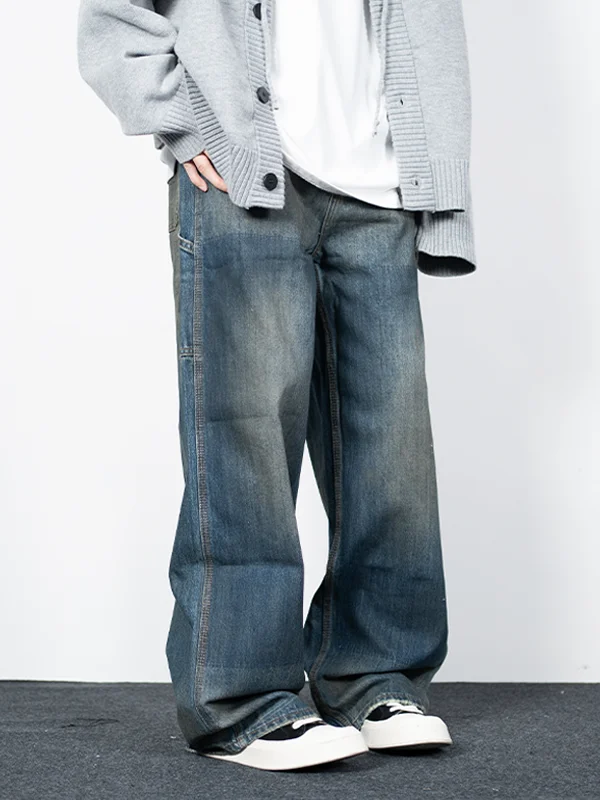 ゆったりとしたストレートレッグデニムパンツ【アメリカンスタイル・ウォッシュ加工・メンズ】