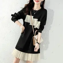 春秋用 バイカラー 長袖 クルーネック スリム感のあるゆったりとしたロングスウェット