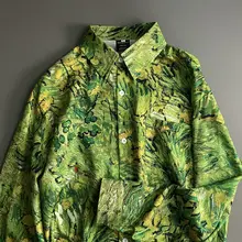 草緑色の植物油彩フラワープリント長袖シャツ【レトロ・春秋用・ユニセックス】
