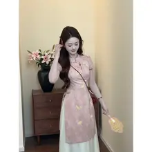 清涼感のある中式デザインのスカートとトップス【禅スタイル・夏用・改良型ワンピース・二枚組（セットアップ対応）】