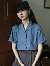 高品質なブルー刺繍のデザインショート袖デニムシャツ【レディース・夏用・シンプル・ヴィンテージ風】