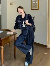デニム 2点セット レディース テーラード ショートジャケット ワイドパンツ ヴィンテージ 韓流 秋