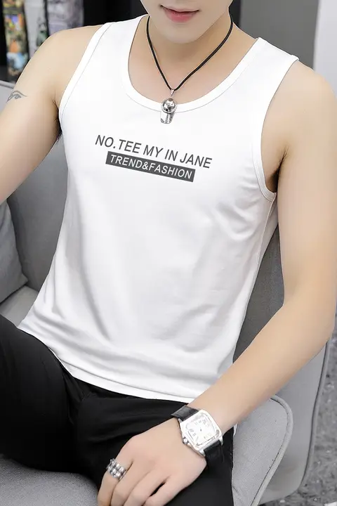 極上の柔らかさのモーダル生地 メンズタンクトップ【白地・プリントデザイン・夏用・スポーツ向け】